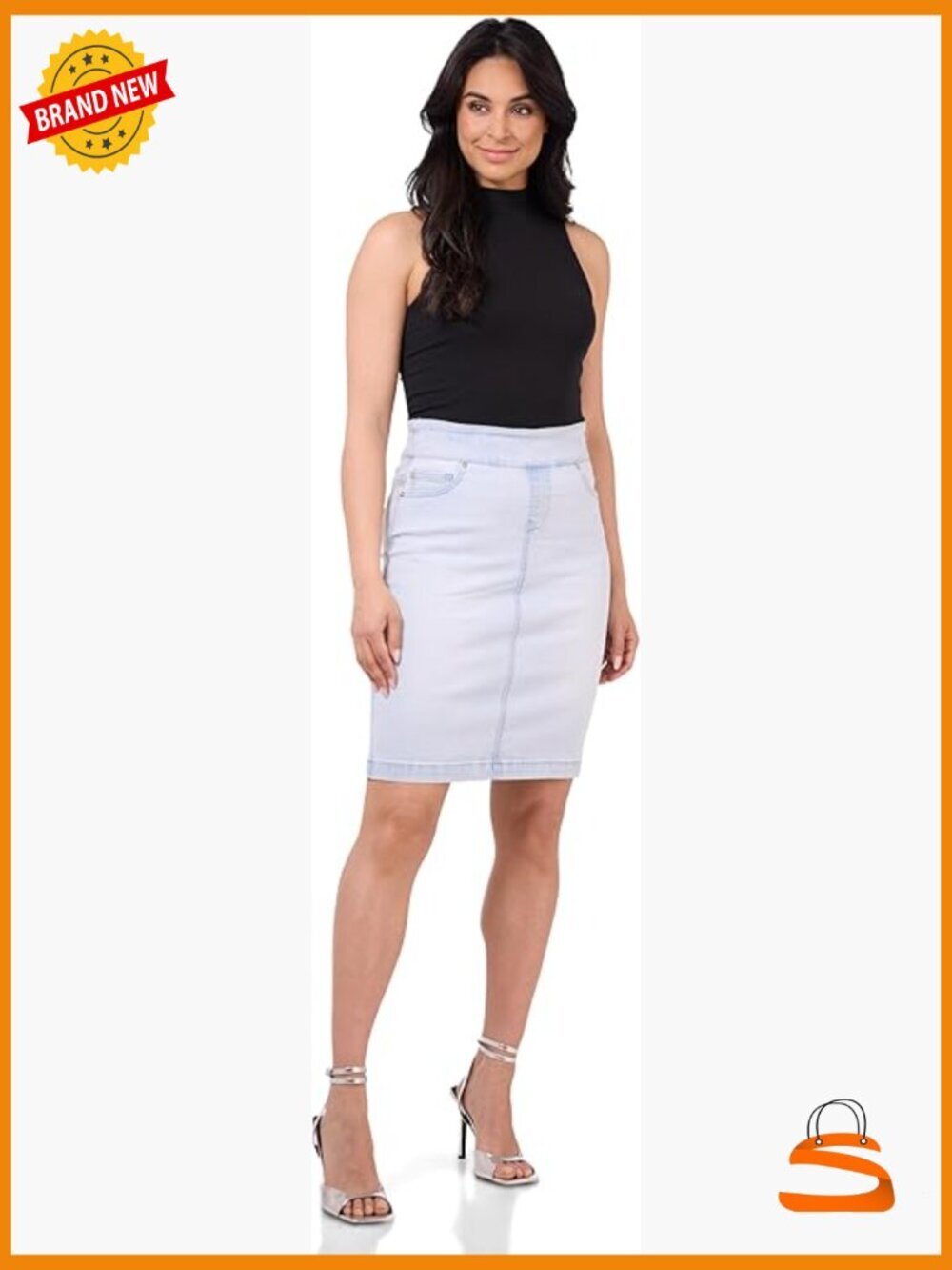 Mid Rise Pull-On Stretch Denim Skirt Knee-Length Slim Fit 5 Pockets